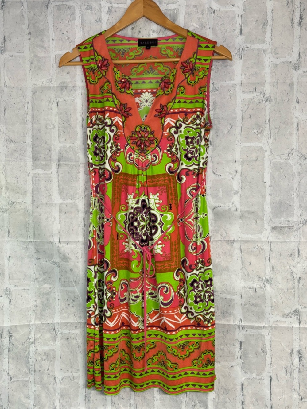 Hale Bob 100% Silk Coral & Lime Printed Jeweled V-Neck Midi Dress